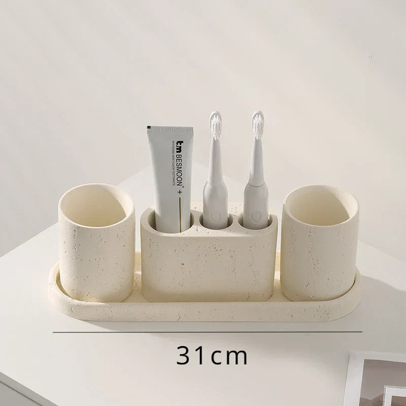 Wabi-Sabi Natural Stone Bathroom Accessory Set (Toothbrush Holder, Dispenser & Tray)