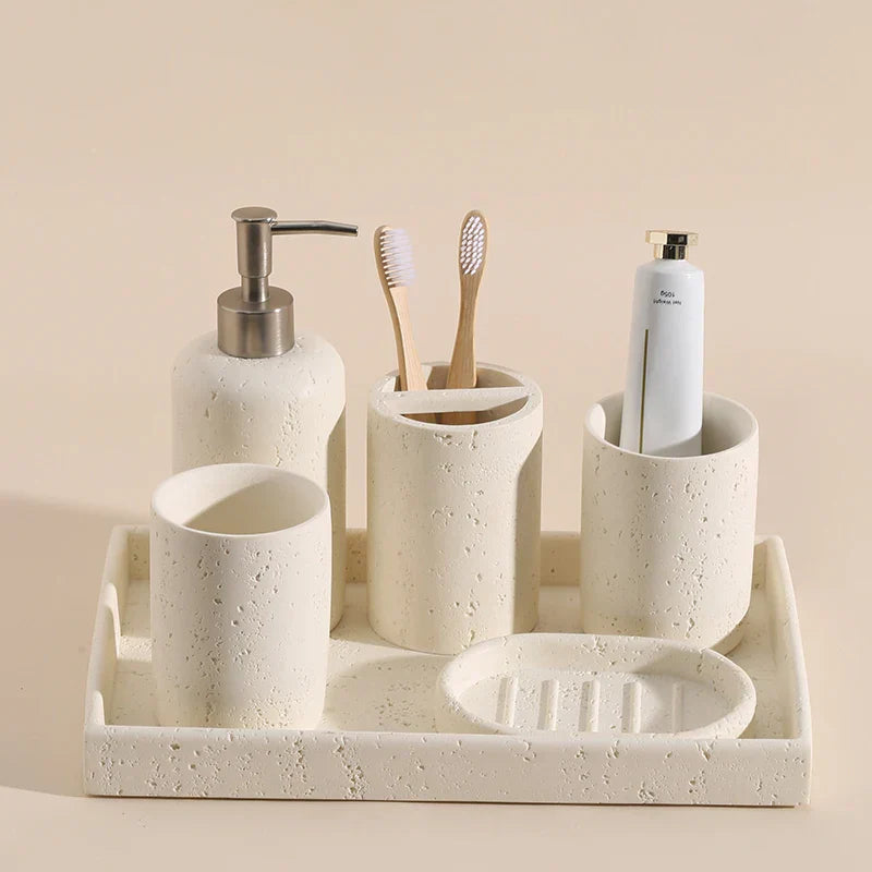 Wabi-Sabi Natural Stone Bathroom Accessory Set (Toothbrush Holder, Dispenser & Tray)