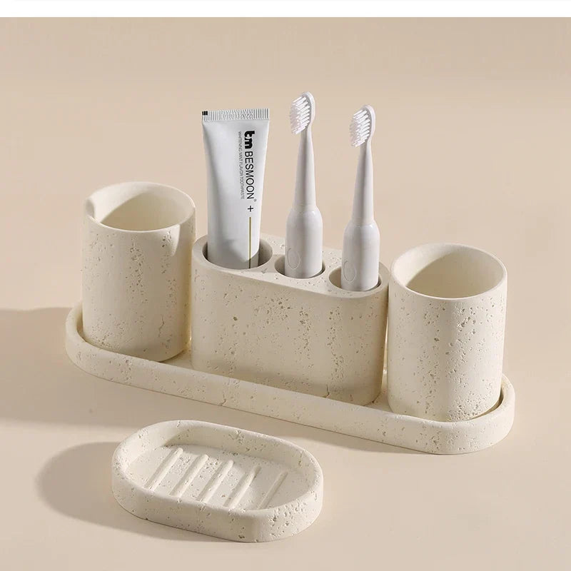 Wabi-Sabi Natural Stone Bathroom Accessory Set (Toothbrush Holder, Dispenser & Tray)