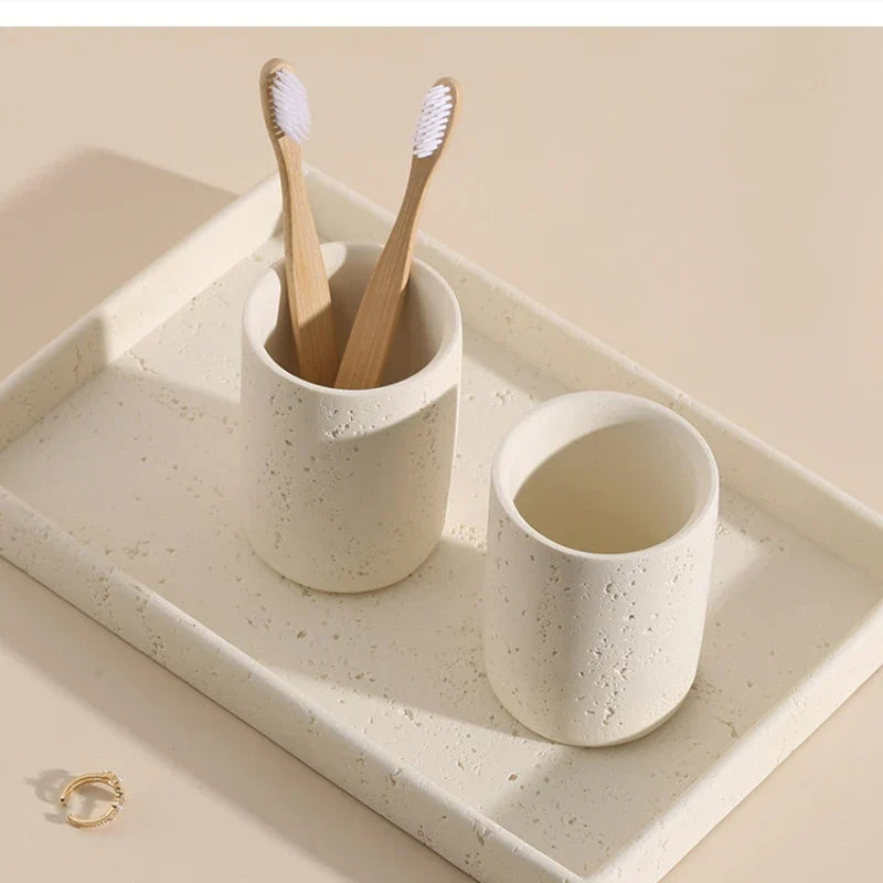 Wabi-Sabi Natural Stone Bathroom Accessory Set (Toothbrush Holder, Dispenser & Tray)