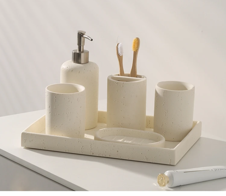 Wabi-Sabi Natural Stone Bathroom Accessory Set (Toothbrush Holder, Dispenser & Tray)