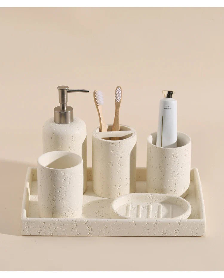 Wabi-Sabi Natural Stone Bathroom Accessory Set (Toothbrush Holder, Dispenser & Tray)