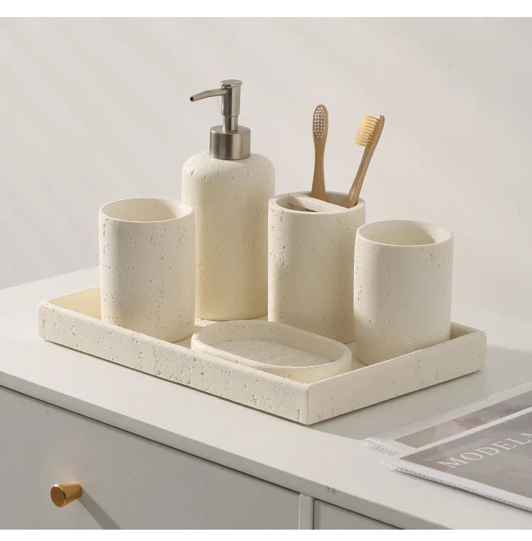 Wabi-Sabi Natural Stone Bathroom Accessory Set (Toothbrush Holder, Dispenser & Tray)