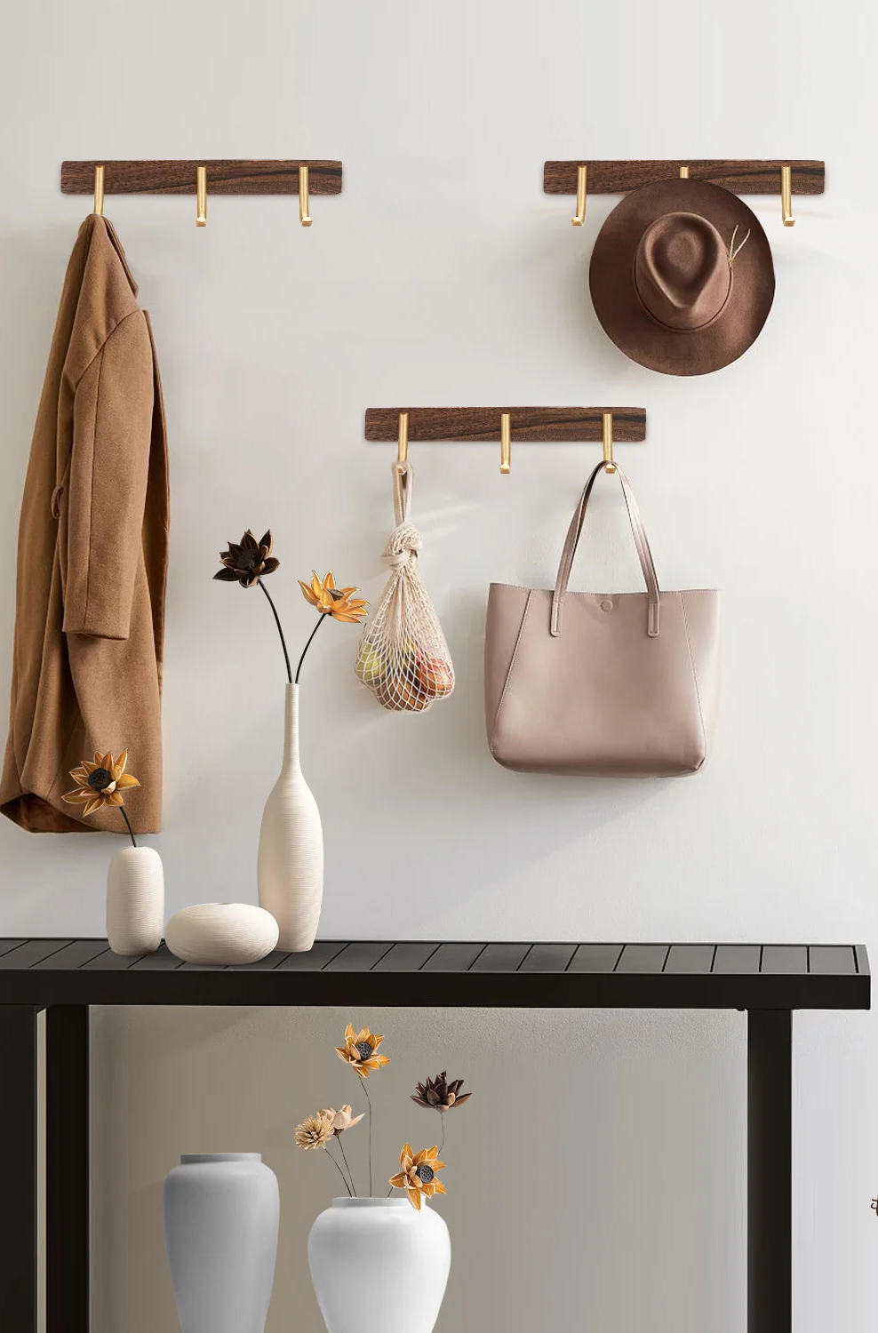 Walnut Wood Wall-Mounted Towel & Coat Rack (3 Hooks)