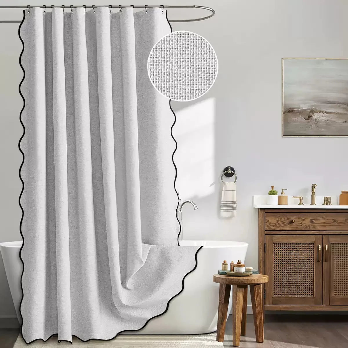 Water-Repellent Polyester Scalloped Wave-Edge Shower Curtain