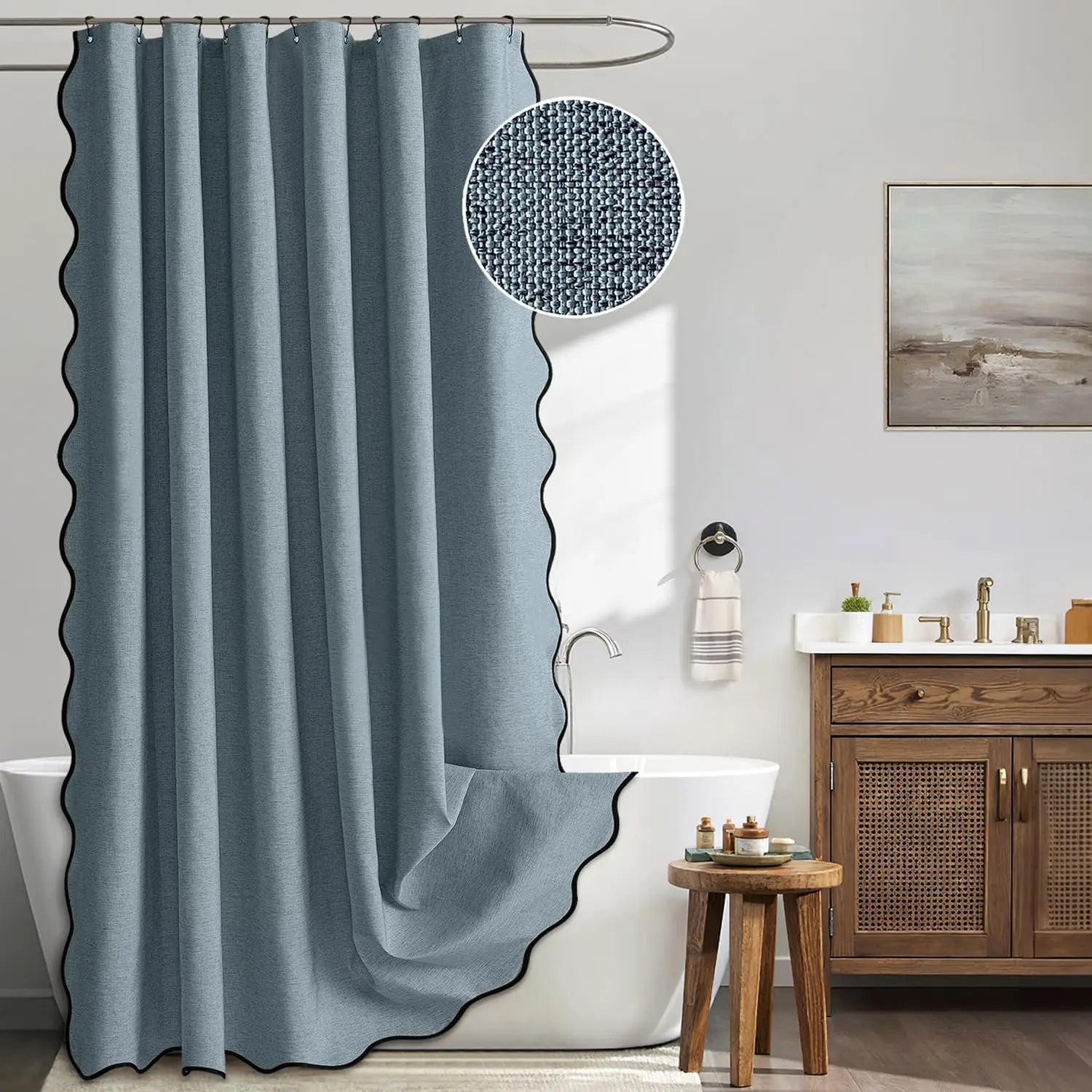 Water-Repellent Polyester Scalloped Wave-Edge Shower Curtain