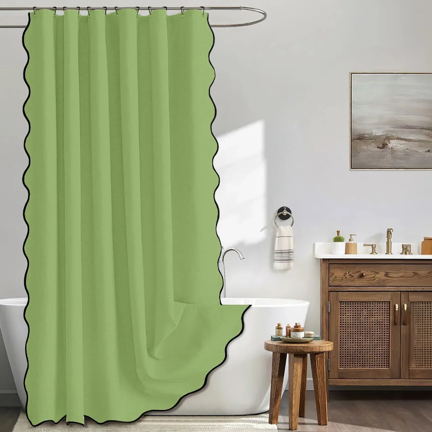 Water-Repellent Polyester Scalloped Wave-Edge Shower Curtain