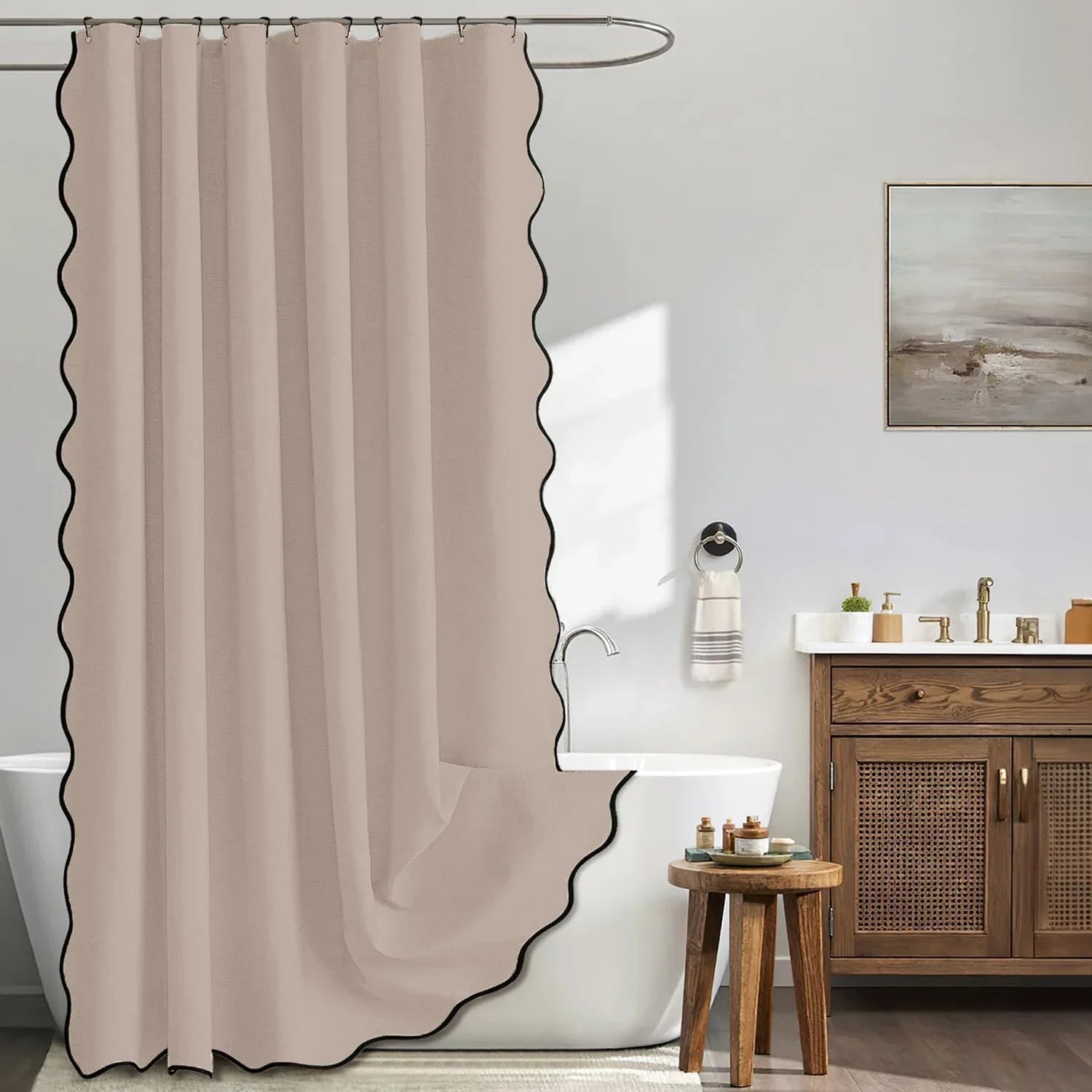 Water-Repellent Polyester Scalloped Wave-Edge Shower Curtain