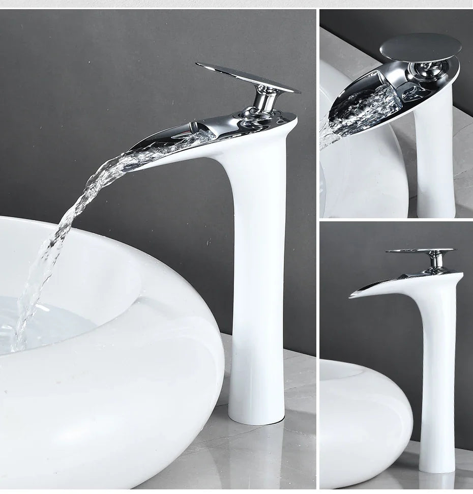 Waterfall Spout Brass Body & Ceramic Valve Basin Faucet (Single-Hole Deck-Mount)