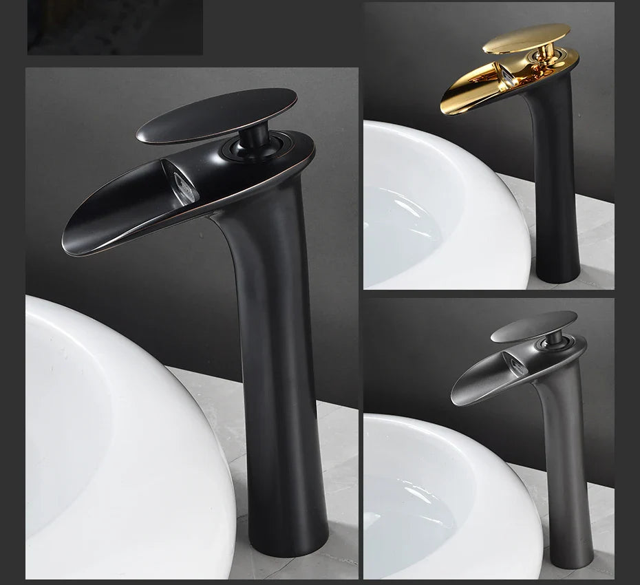 Waterfall Spout Brass Body & Ceramic Valve Basin Faucet (Single-Hole Deck-Mount)