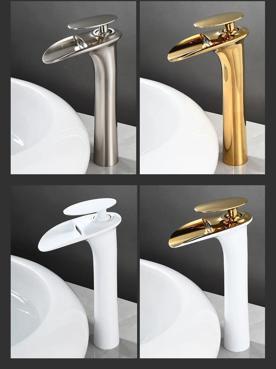 Waterfall Spout Brass Body & Ceramic Valve Basin Faucet (Single-Hole Deck-Mount)