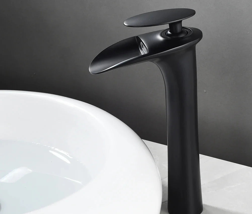 Waterfall Spout Brass Body & Ceramic Valve Basin Faucet (Single-Hole Deck-Mount)