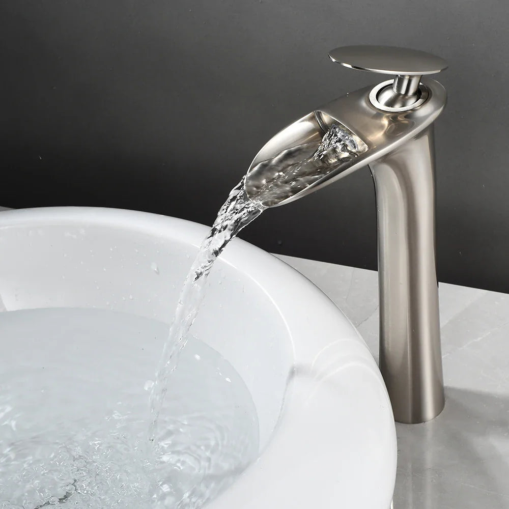 Waterfall Spout Brass Body & Ceramic Valve Basin Faucet (Single-Hole Deck-Mount)