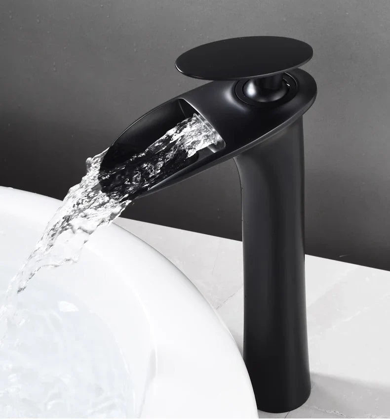 Waterfall Spout Brass Body & Ceramic Valve Basin Faucet (Single-Hole Deck-Mount)