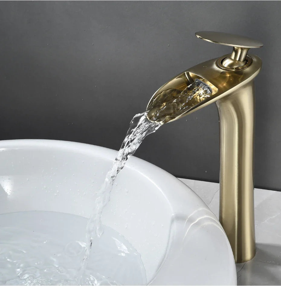Waterfall Spout Brass Body & Ceramic Valve Basin Faucet (Single-Hole Deck-Mount)