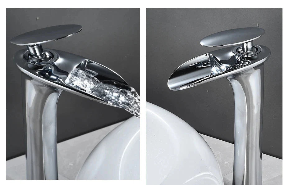 Waterfall Spout Brass Body & Ceramic Valve Basin Faucet (Single-Hole Deck-Mount)