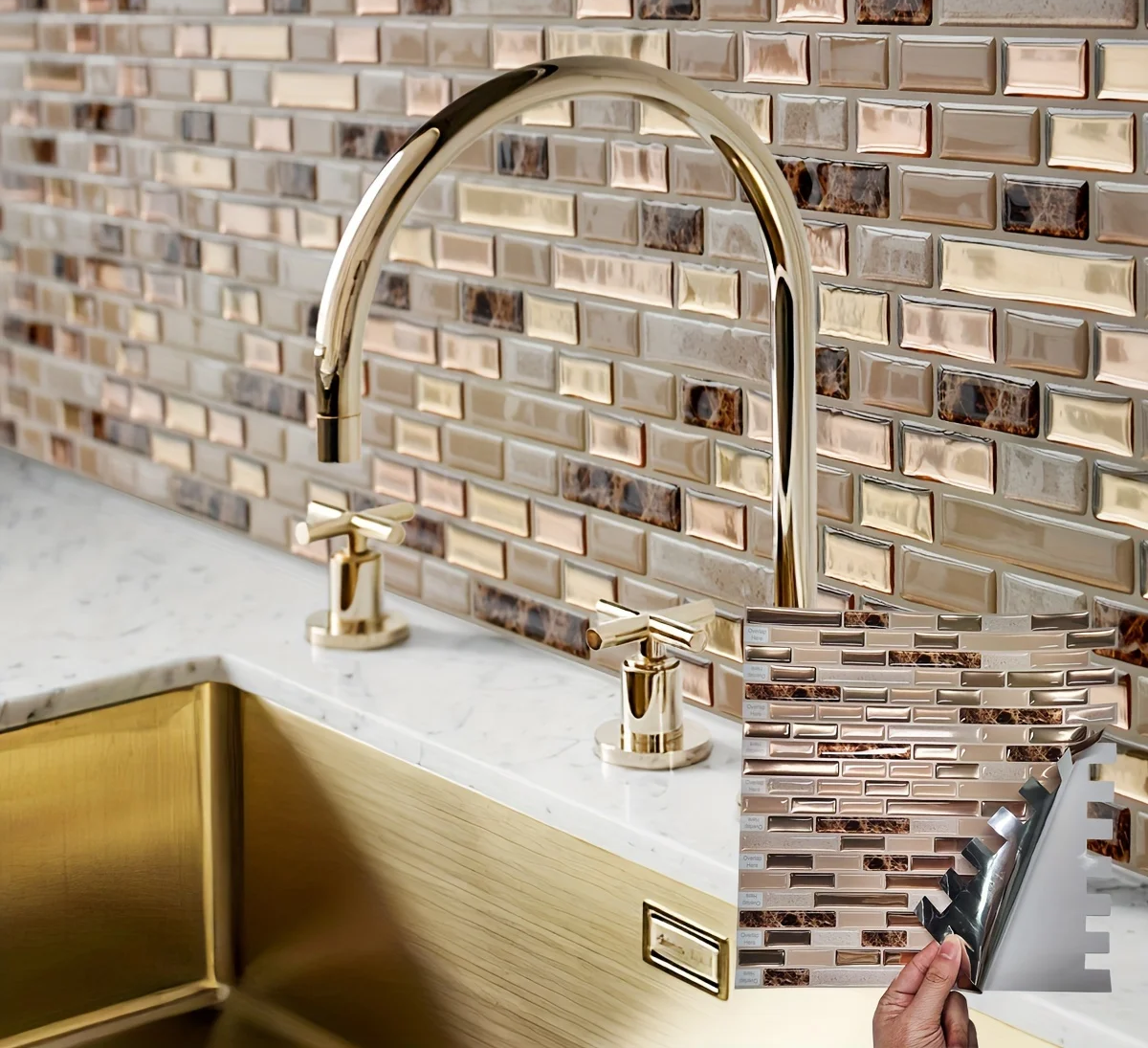 Waterproof 3D Gold Peel & Stick Wall Tile (30cm)