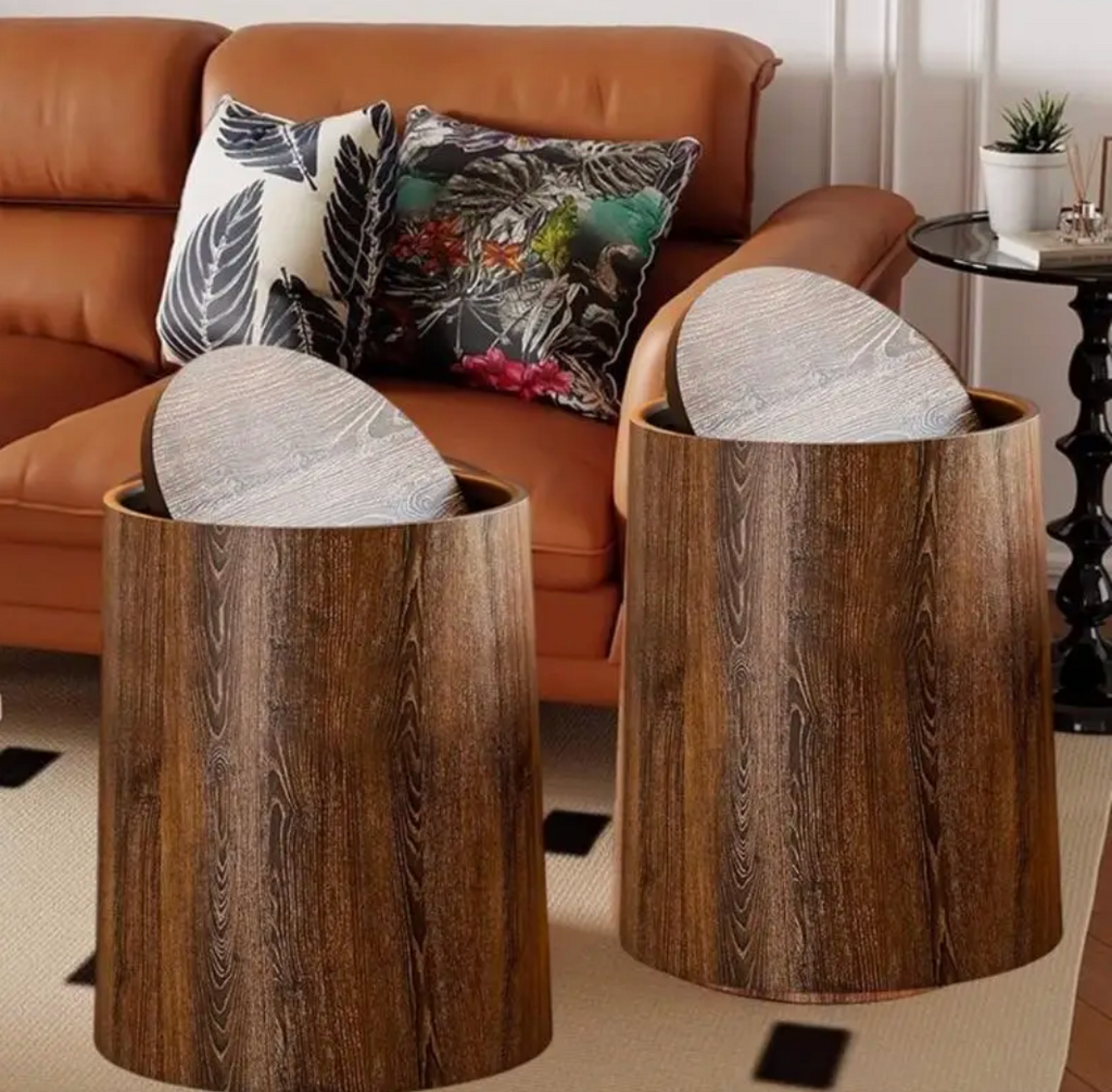 Wood-Look Swivel Lid Trash Bin