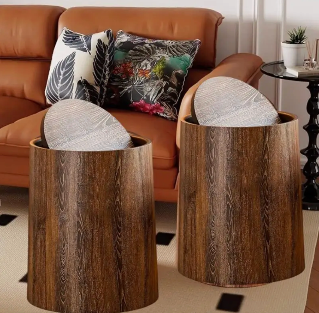 Wood-Look Swivel Lid Trash Bin