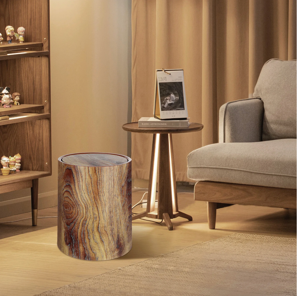 Wood-Look Swivel Lid Trash Bin