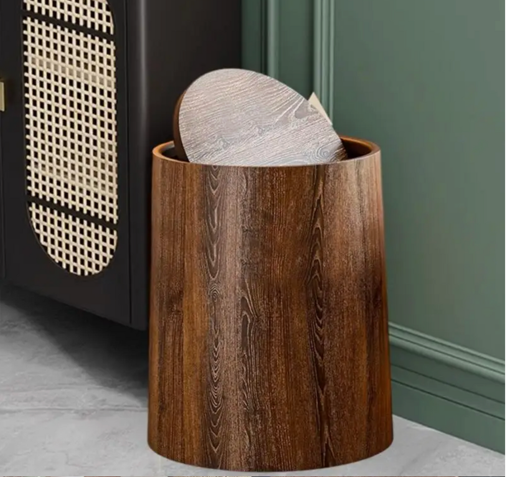 Wood-Look Swivel Lid Trash Bin