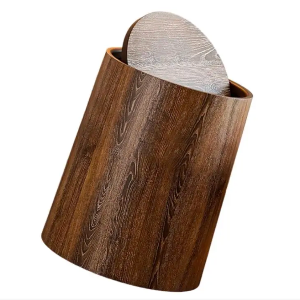 Wood-Look Swivel Lid Trash Bin