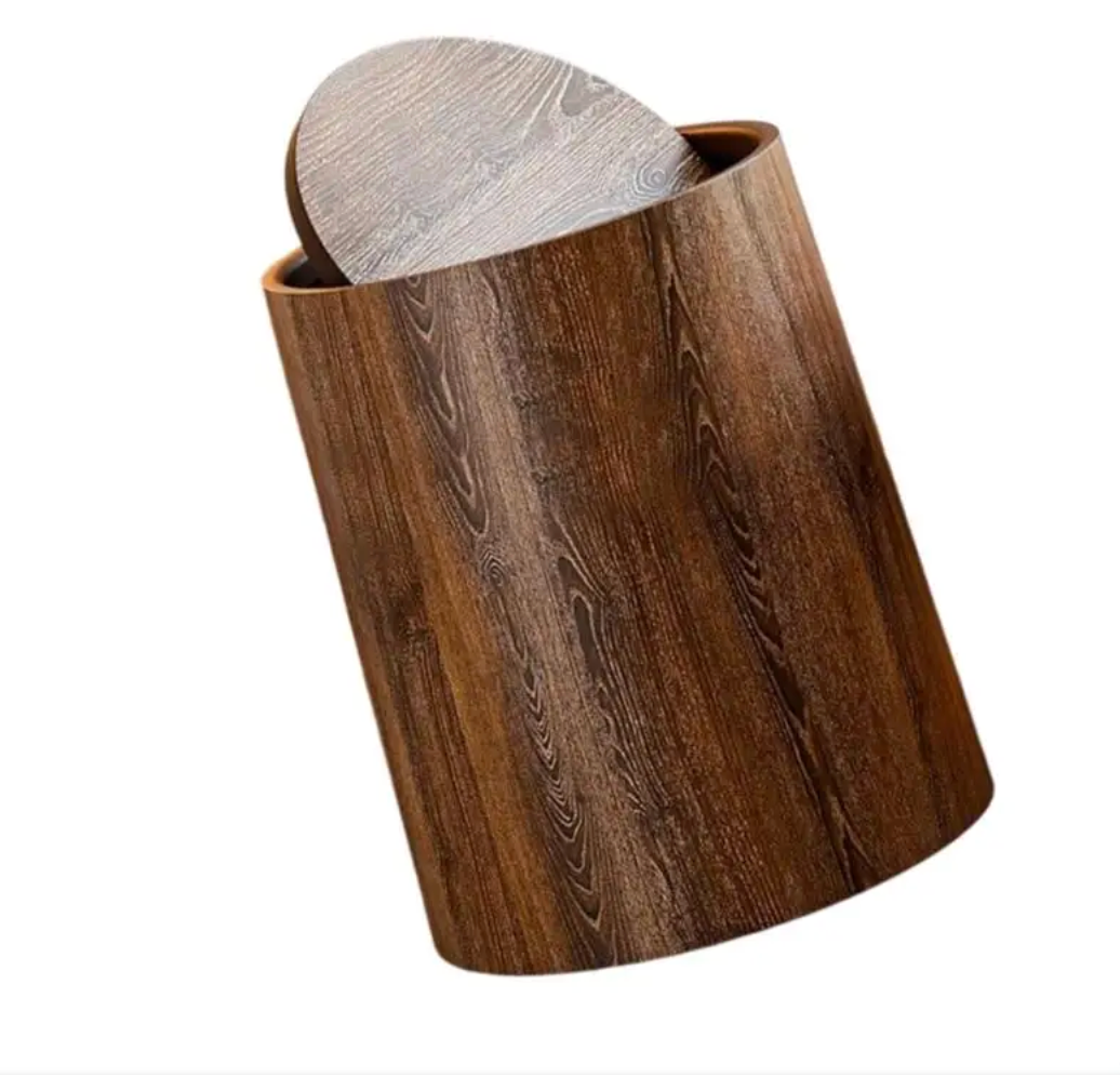 Wood-Look Swivel Lid Trash Bin