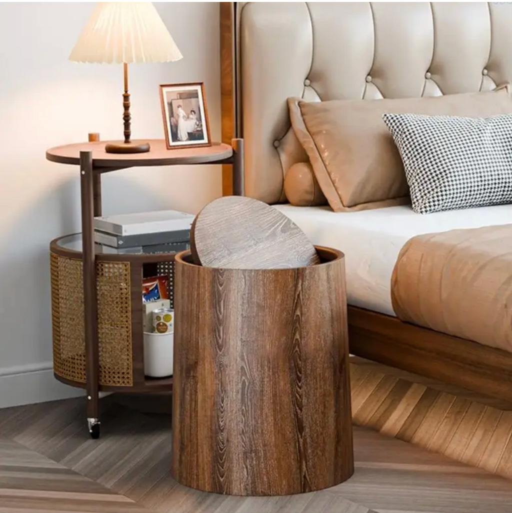 Wood-Look Swivel Lid Trash Bin