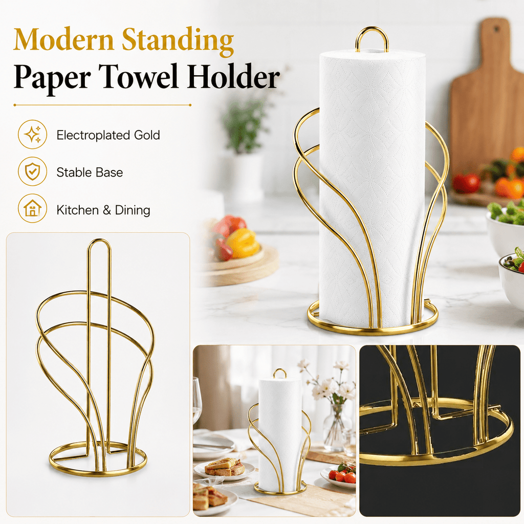 Stable Golden Metal Paper Towel & Cloth Holder (Countertop)