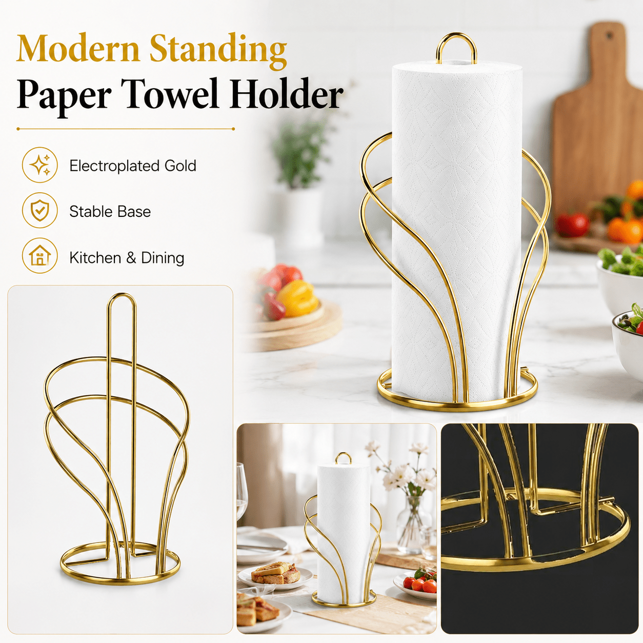 Stable Golden Metal Paper Towel & Cloth Holder (Countertop)