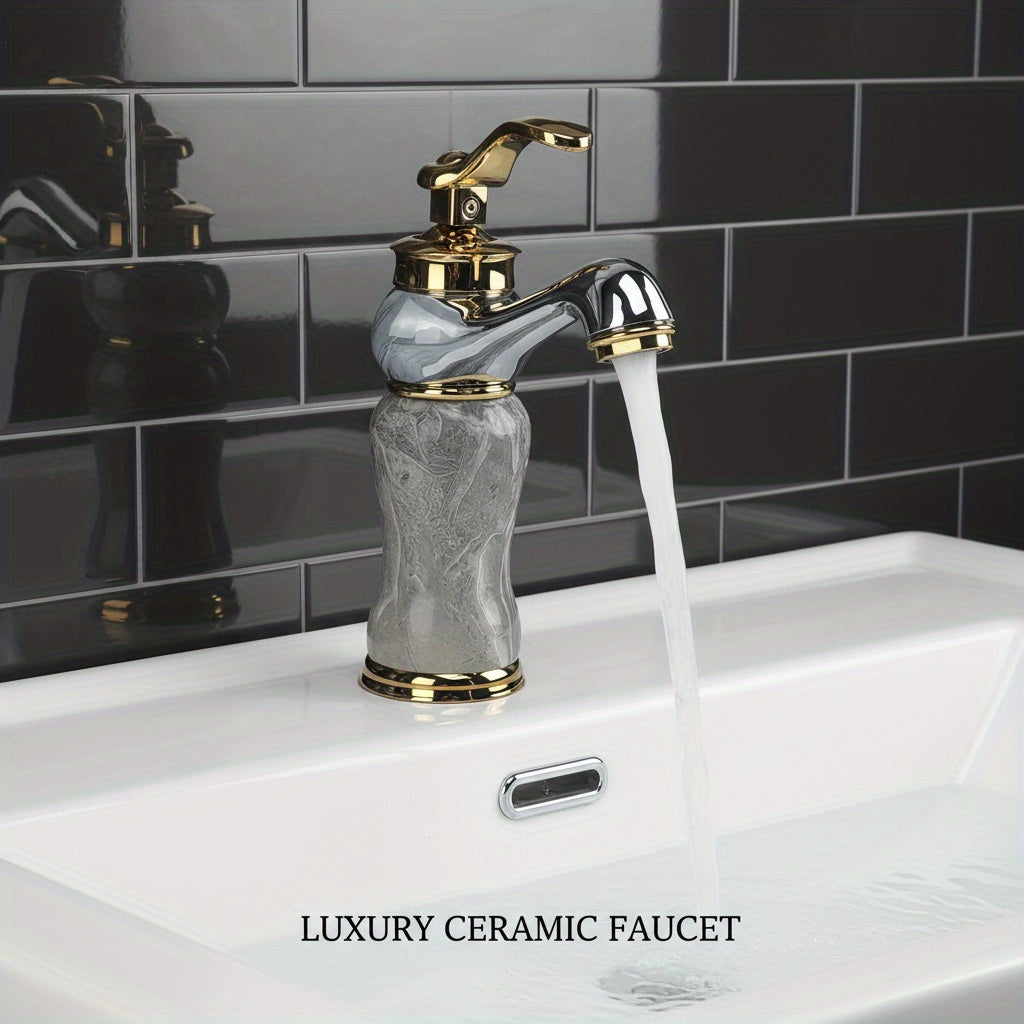 Marble Pattern Gold-Plated Ceramic Valve Basin Faucet (Single-Hole)