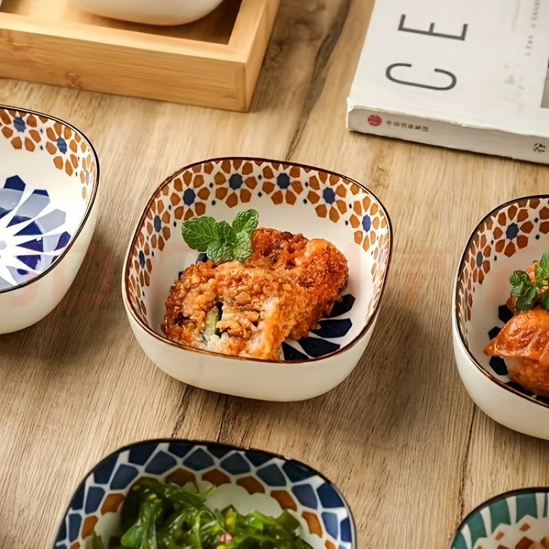 Bohemian Hand-Painted Ceramic Square Bowl Set (Set of 6)