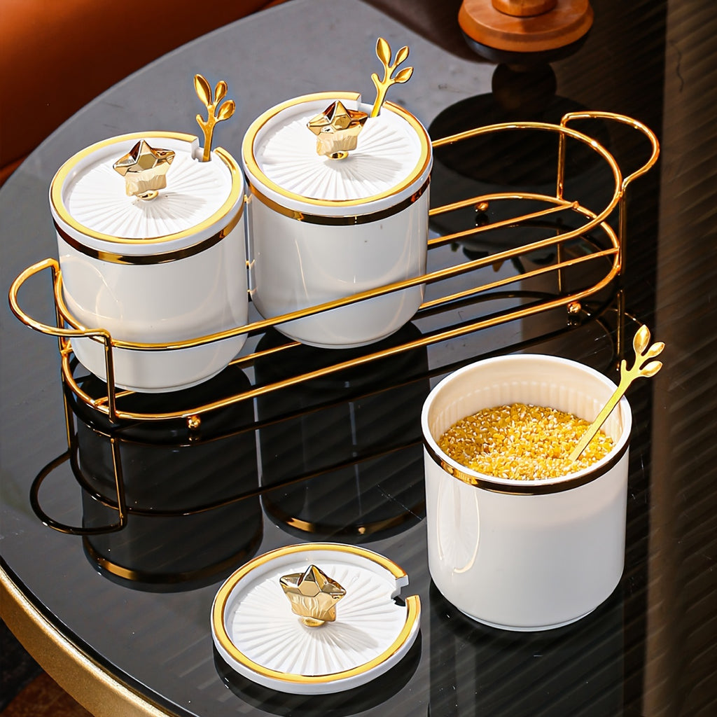Compact 3-Canister Seasoning Set (With Rack & Spoons)