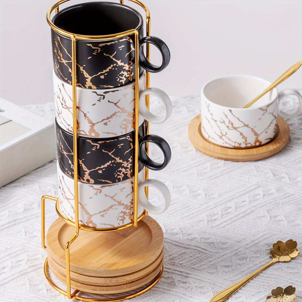 Stackable Marble Ceramic Coffee Cups (Set of 4)