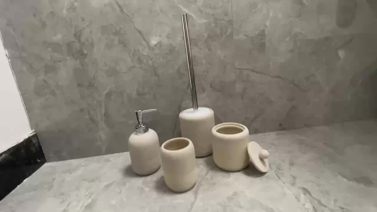 Durable Easy-Clean Beige Sandstone Bathroom Accessories Set (4-Piece)