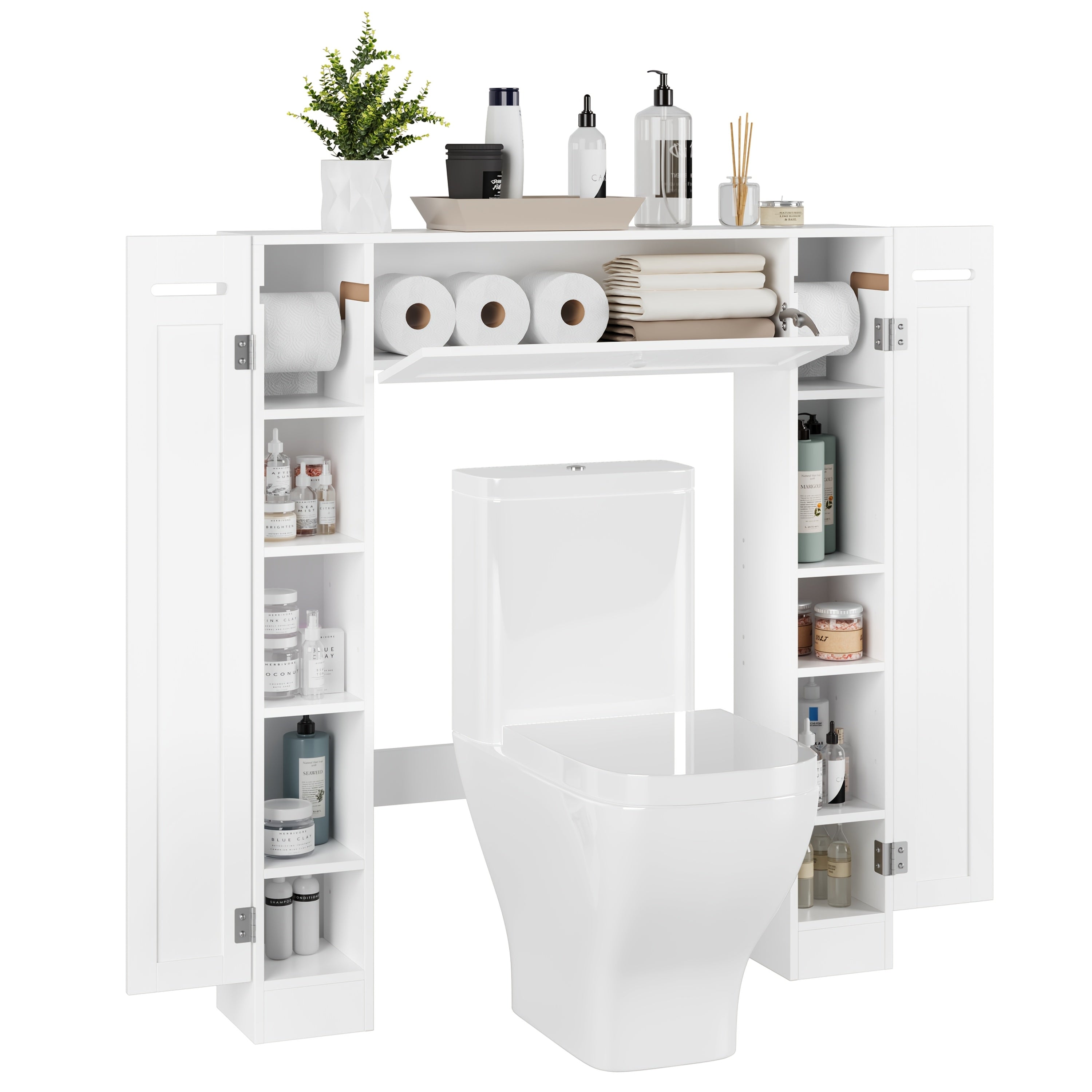 Space-Saving Adjustable Shelves & Toilet Paper Holder Over-Toilet Cabinet