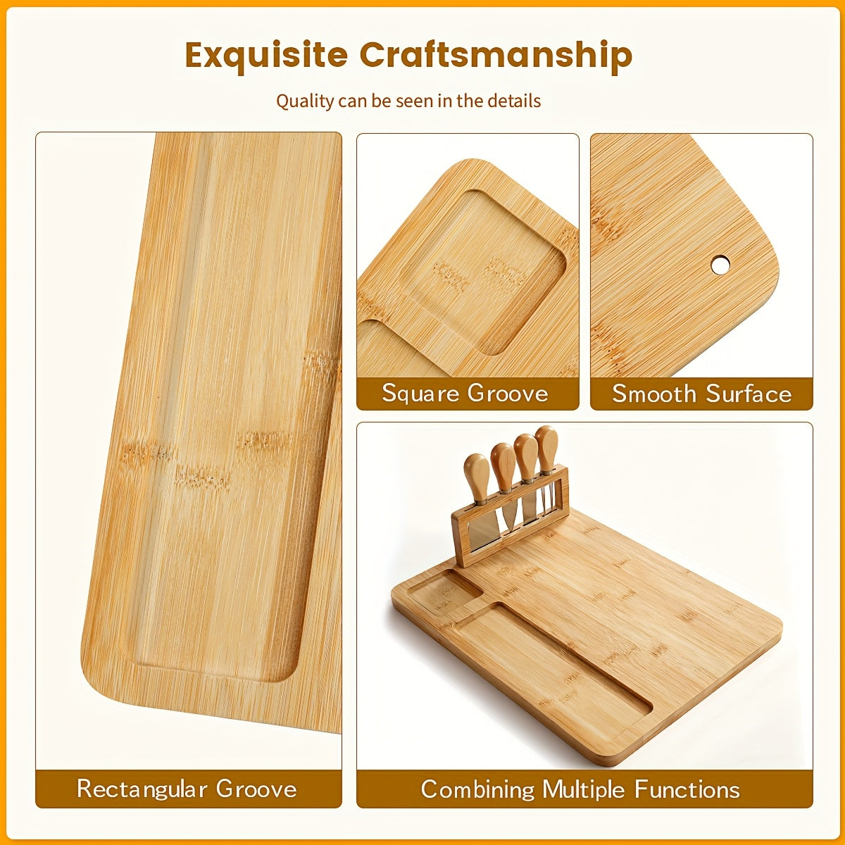 Polished Moisture-Resistant Wood Charcuterie Board (4-Piece Knife Set)