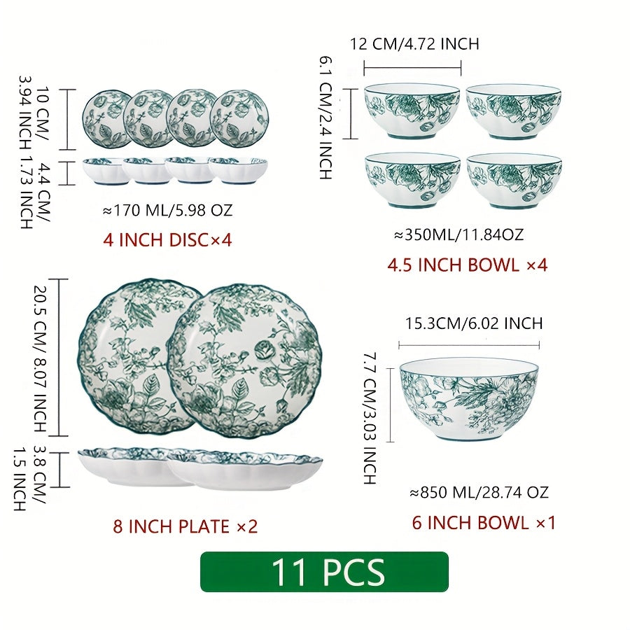 Green Rose Floral Ceramic Tableware Set (Multi-Piece)