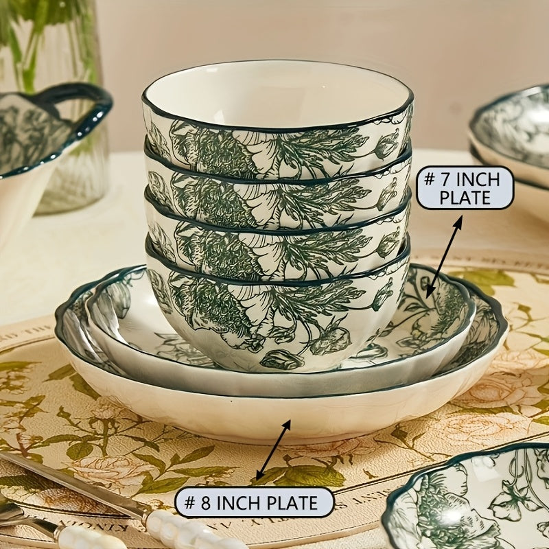 Green Rose Floral Ceramic Tableware Set (Multi-Piece)