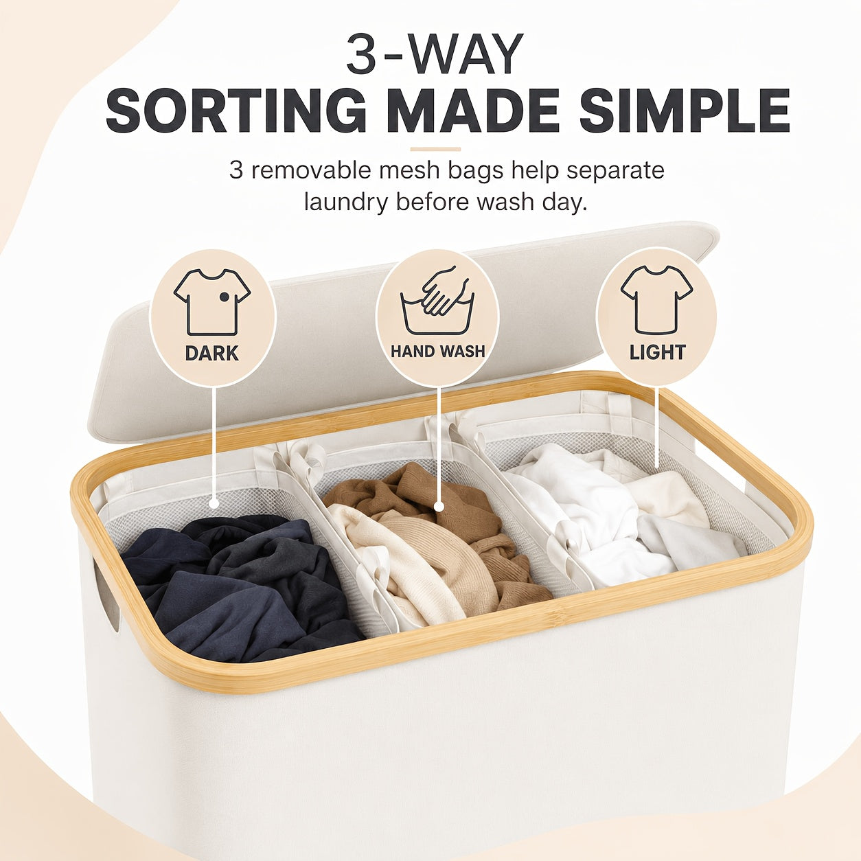 3-Section Bamboo Laundry Hamper (Removable Washable Bags)