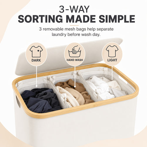 3-Section Bamboo Laundry Hamper (Removable Washable Bags)