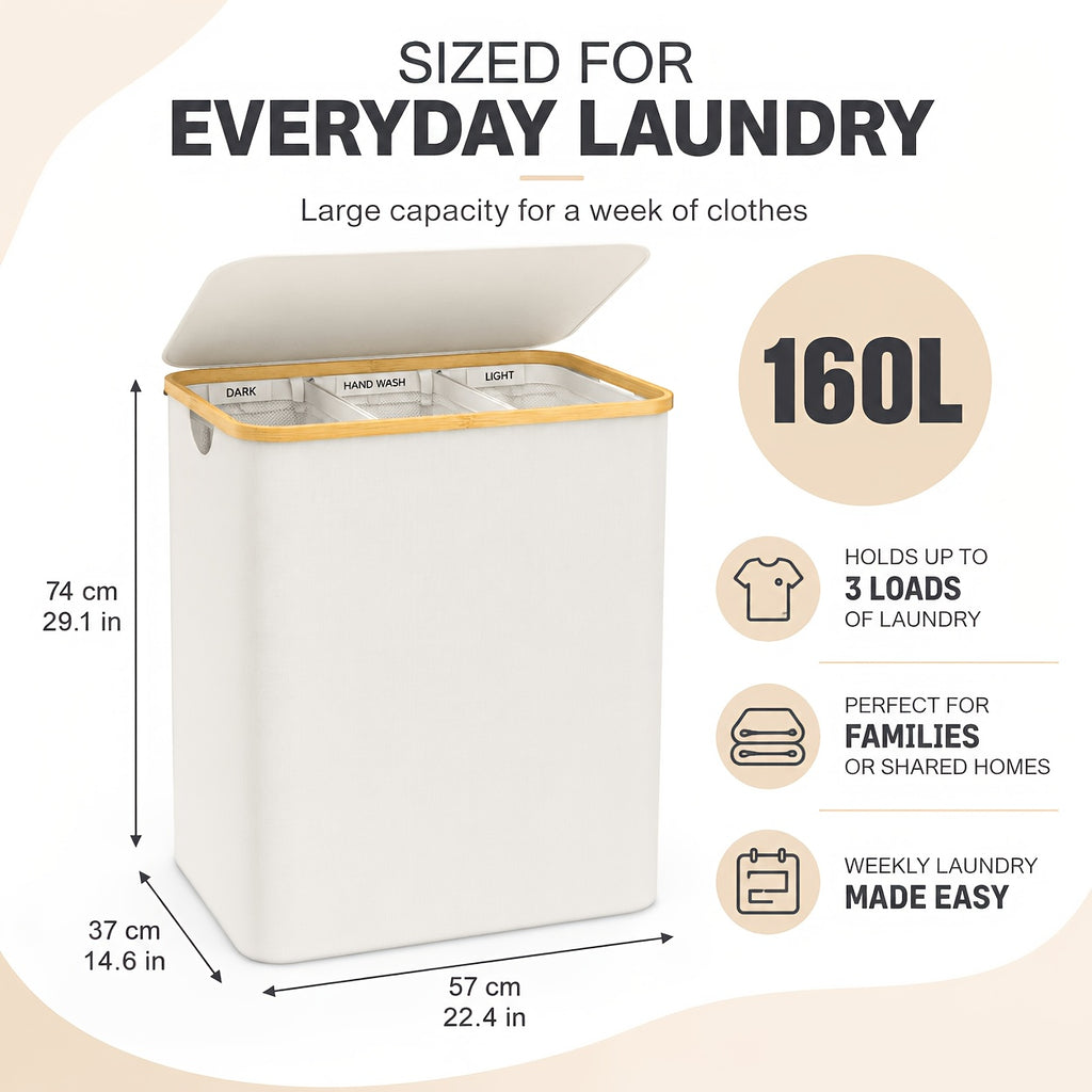 3-Section Bamboo Laundry Hamper (Removable Washable Bags)