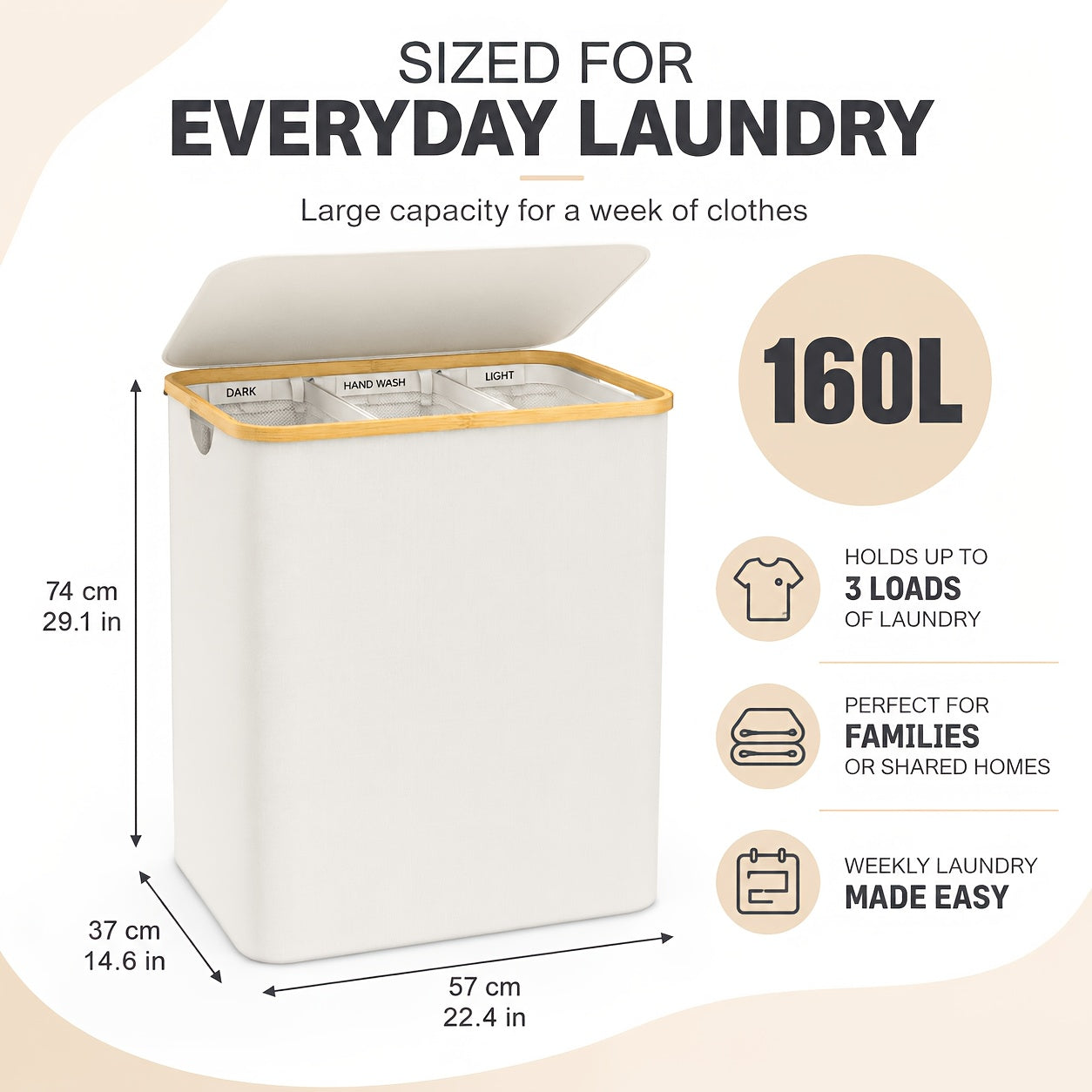3-Section Bamboo Laundry Hamper (Removable Washable Bags)