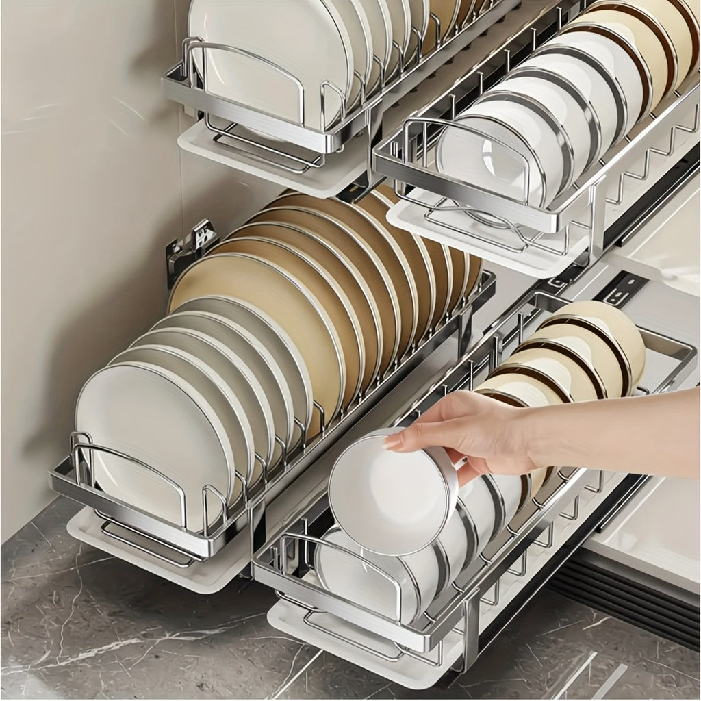 Stainless Steel Pull-Out Dish Rack (Adjustable Dividers & Drain Tray)