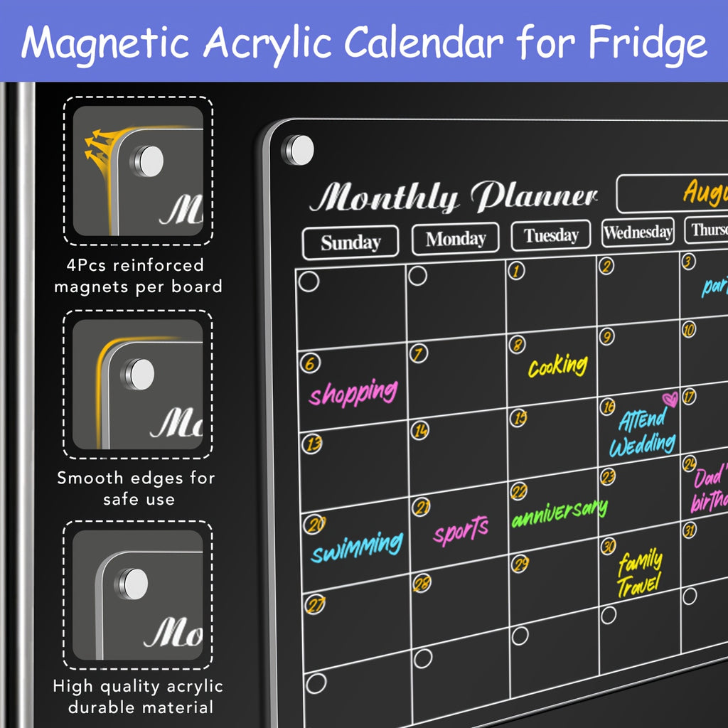 Clear Acrylic Magnetic Dry-Erase Fridge Calendar (With 6 Markers)