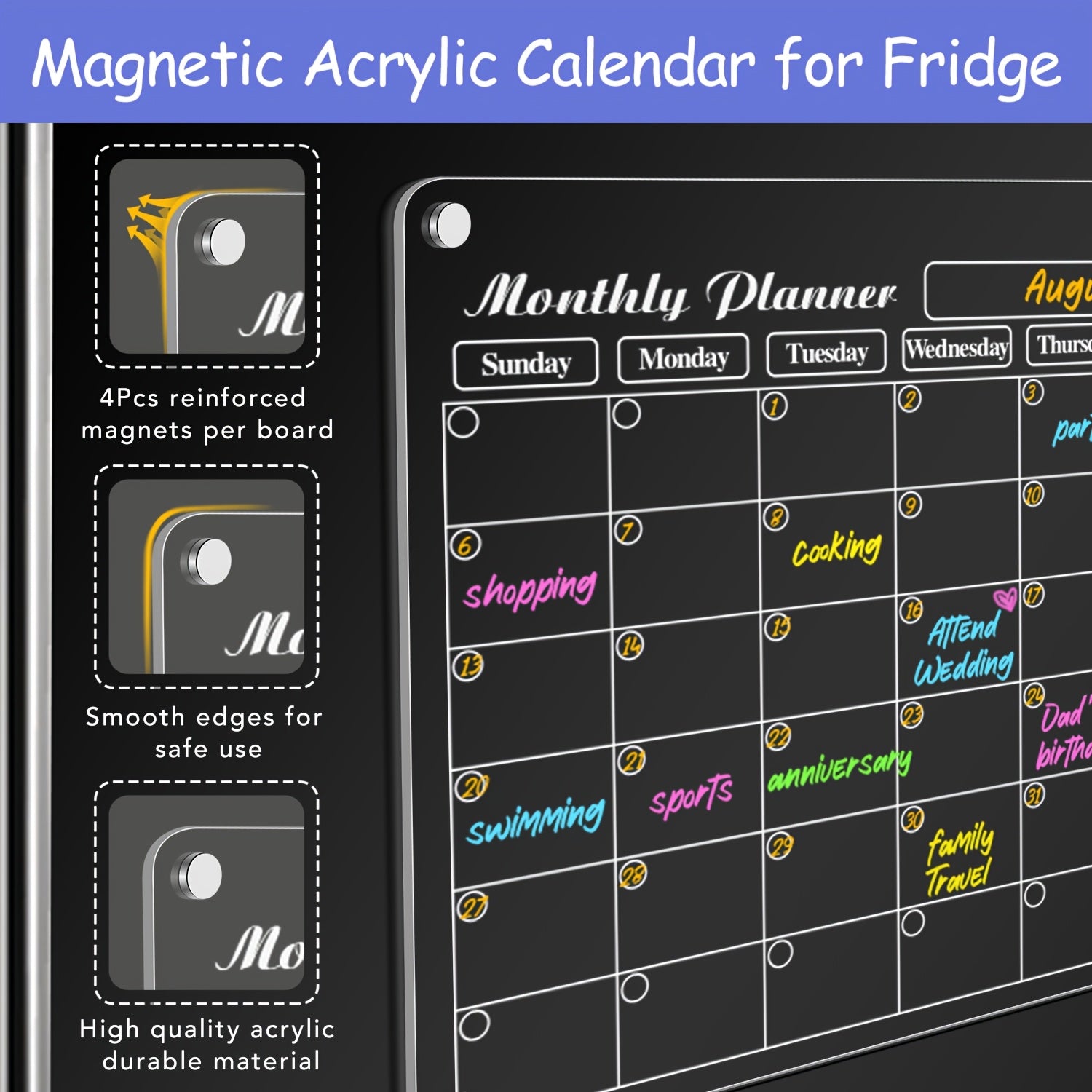 Clear Acrylic Magnetic Dry-Erase Fridge Calendar (With 6 Markers)