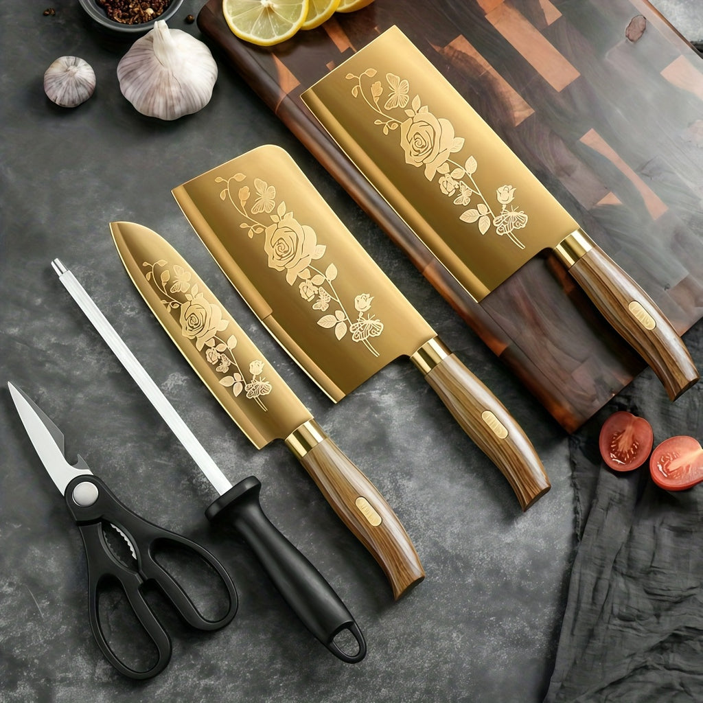 Titanium-Coated Alloy Steel Knife Set (7-Piece, Block & Sharpener)