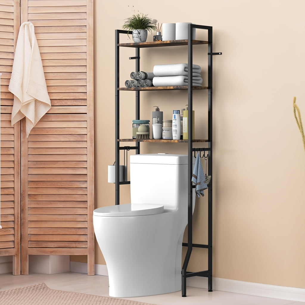 Space-Saving 3-Tier Wood Over-Toilet Shelf (Freestanding, Paper Holder & Hooks)