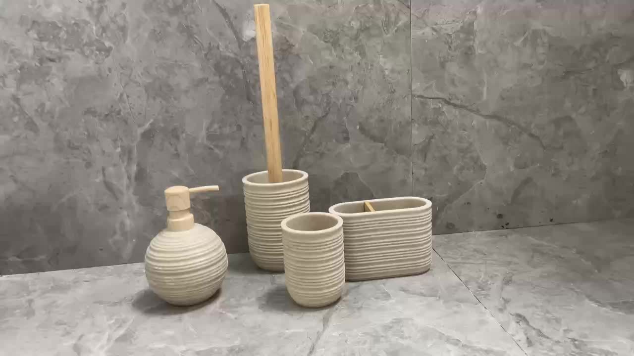 Space-Saving Freestanding Resin & Wood Bathroom Set (4-Piece)