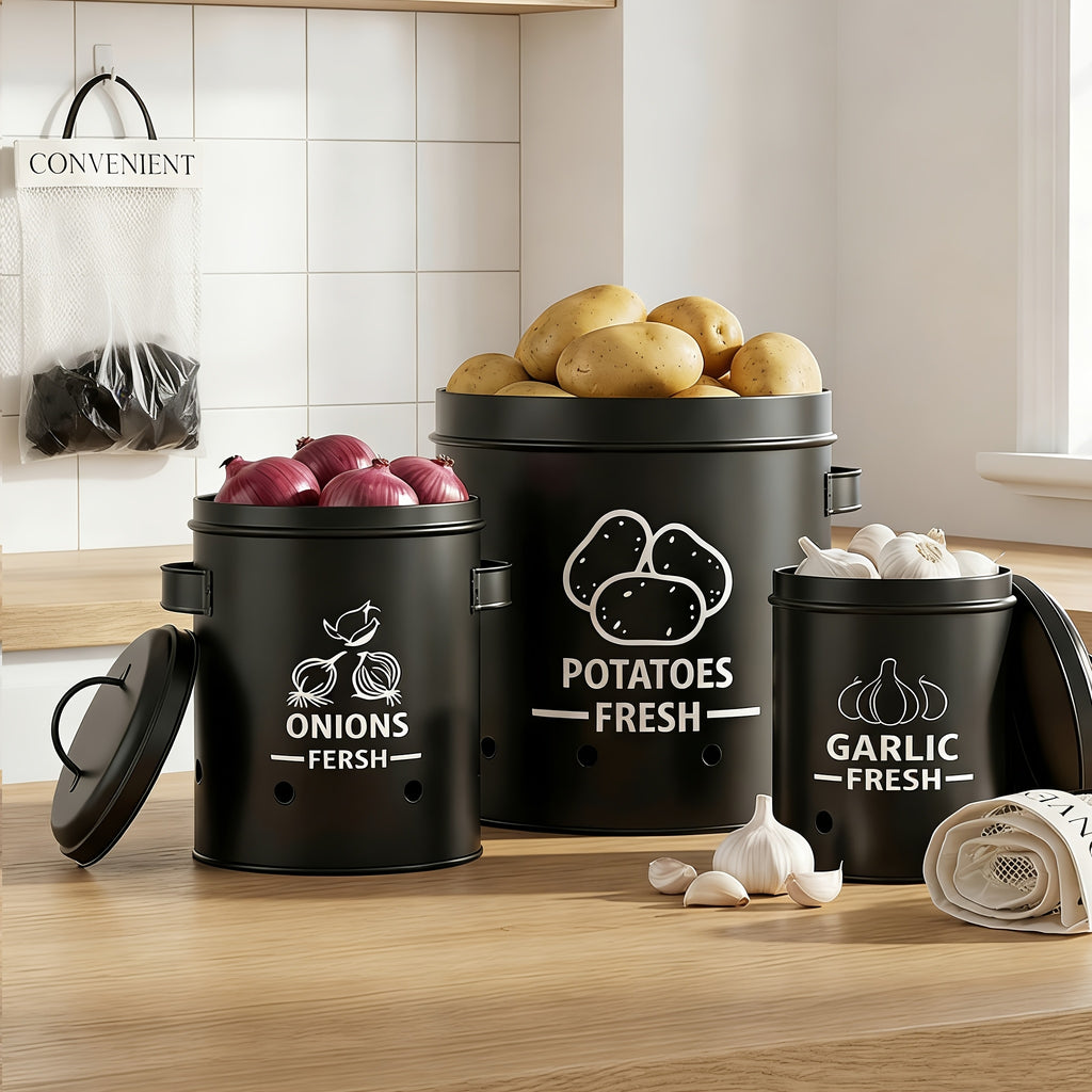 Ventilated Flip-Top Iron Vegetable Storage Jars (Set of 3)